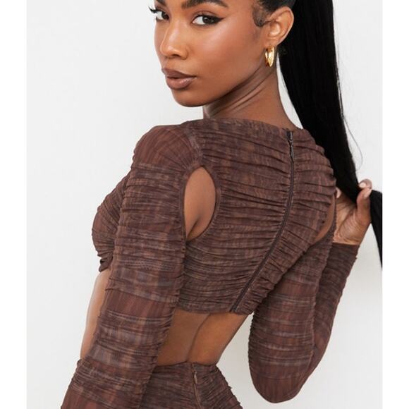 House Of Cb Womens Blythe Mesh Top Large Brown Ruched Cutout Cropped - Picture 2 of 12
